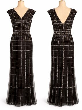 NWT Adriana Papell beaded windowpane gown, beaded "tweed" 12